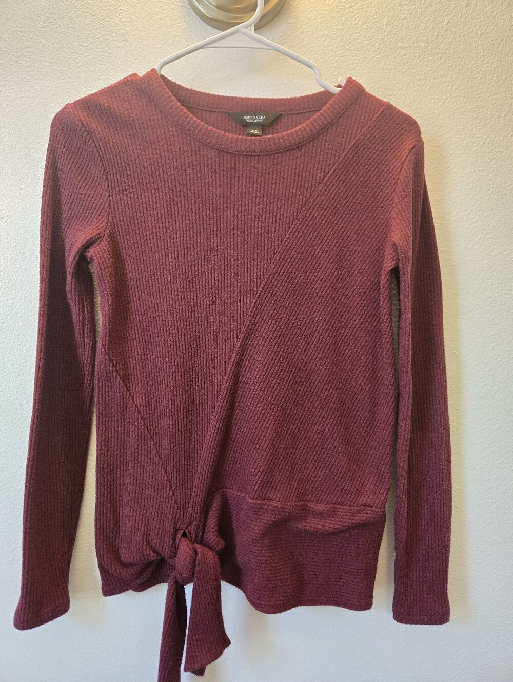 Simply Vera Vera Wang Rib-Knit Tie-Hem Long Sleeve Top in Berry Sz XS